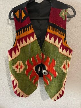 Matt Cameron Southwestern Kilim Wool Vest — Green, Red, Orange Pattern
